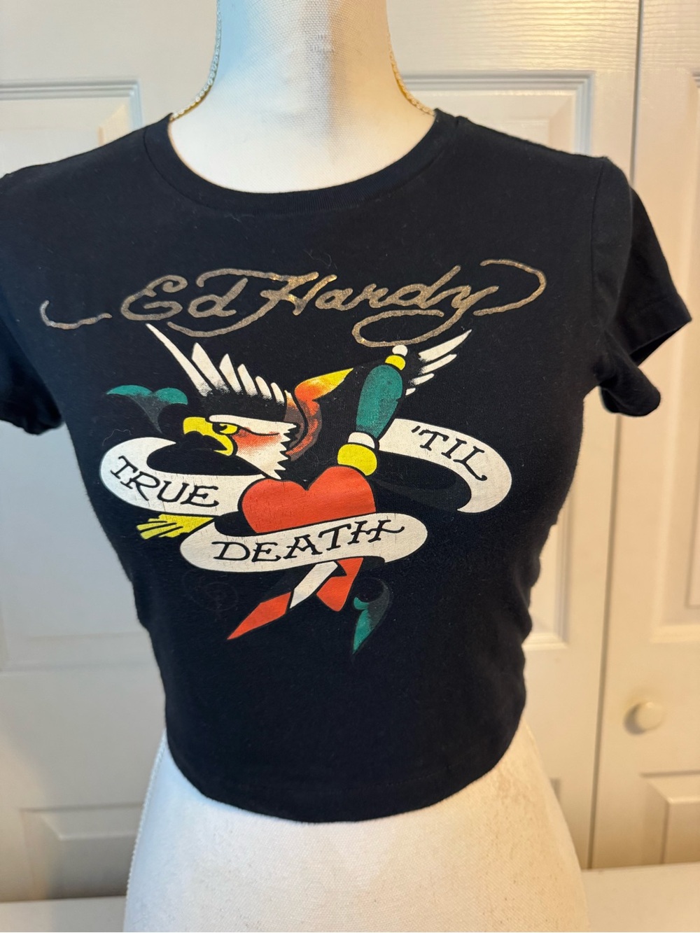Ed Hardy Black Baby Cropped Tee Medium